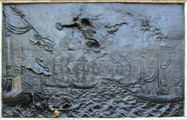 Bas-relief on the pedestal of the monument to Peter the Great in front of Saint Michael's Castle, Saint Petersburg, Russia. The bas – relief depicts a scene of the Battle of Gangut in 1714