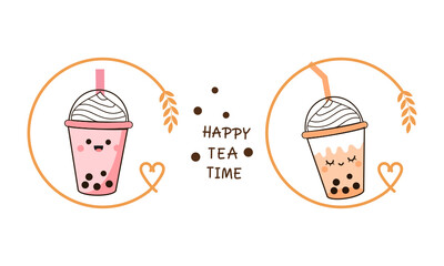 Bubble milk tea cup cartoons with circle sign logo on white background vector illustration.