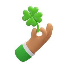 3d icon hand holding clover leaf. Business arm with green shamrock, luck and success symbol. Vector cartoon realistic render illustration isolated. St. Patrick icon - 487289373