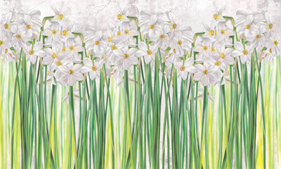 Daffodils flowers painted on a grey concrete grunge wall. Floral background. Design for wall mural, card, postcard, wallpaper, photo wallpaper. - obrazy, fototapety, plakaty