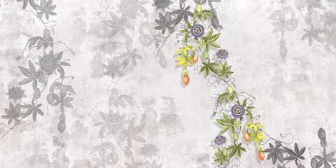 Drawn tropic flowers on concrete wall. Passiflora flowers. loft, vintage, modern design for mural, wallpaper, fresco, card, home decor. - obrazy, fototapety, plakaty