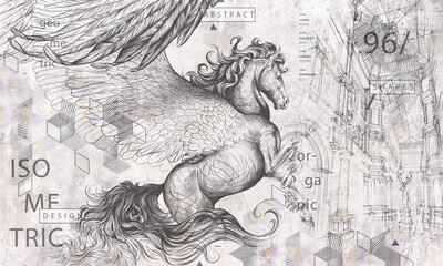 Graphic drawn pegasus with wings and geometry on a dark concrete grunge wall. Design for wallpaper, photo wallpaper, mural, card, postcard. Illustration in the loft, classic, modern style. - obrazy, fototapety, plakaty