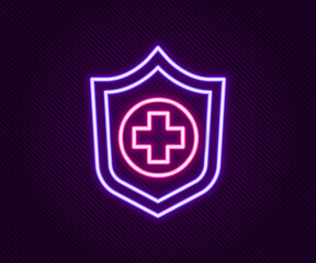Glowing neon line Life insurance in hand icon isolated on black background. Security, safety, protection, protect concept. Colorful outline concept. Vector