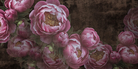 Flowers painted on a concrete wall. Peonies on the wall grunge texture. Photo wallpaper, wallpaper, mural, design for walls. - obrazy, fototapety, plakaty