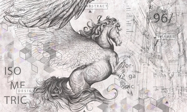 Fototapeta Graphic drawn pegasus with wings and geometry on a dark concrete grunge wall. Design for wallpaper, photo wallpaper, mural, card, postcard. Illustration in the loft, classic, modern style.