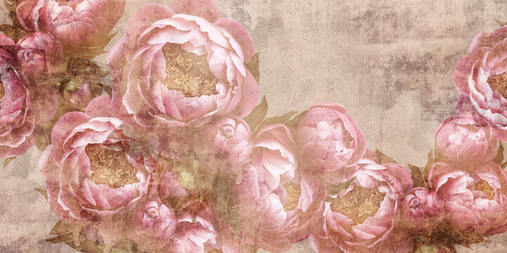 Flowers painted on a concrete wall. Peonies on the wall grunge texture. Photo wallpaper, mural, wallpaper, design for walls.