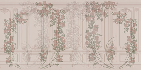 Roses painted on the wall in the baroque, rococo style.  A plot with flowers for mural, wallpaper, photo wallpaper, painting, postcard, card. - obrazy, fototapety, plakaty