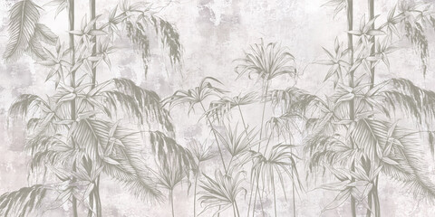 Graphic exotic flowers on the concrete grunge wall. Designed for photo wallpaper, wallpaper, mural design in the loft, classic, modern style. Tropical brunches. 