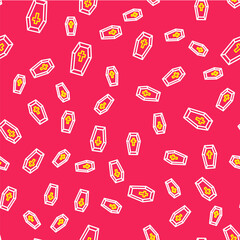Line Coffin with christian cross icon isolated seamless pattern on red background. Happy Halloween party. Vector