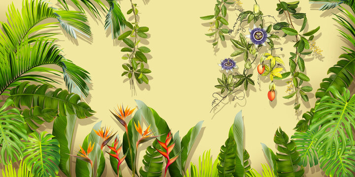 Drawn exotic tropical plants, flowers and leaves on a light beige background. Great choise for wallpaper, photo wallpaper, mural, card, postcard. Design for modern and loft interiors.
