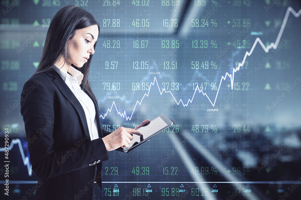 Poster forex market exchange concept with working hard businesswoman with digital tablet on virtual screen 