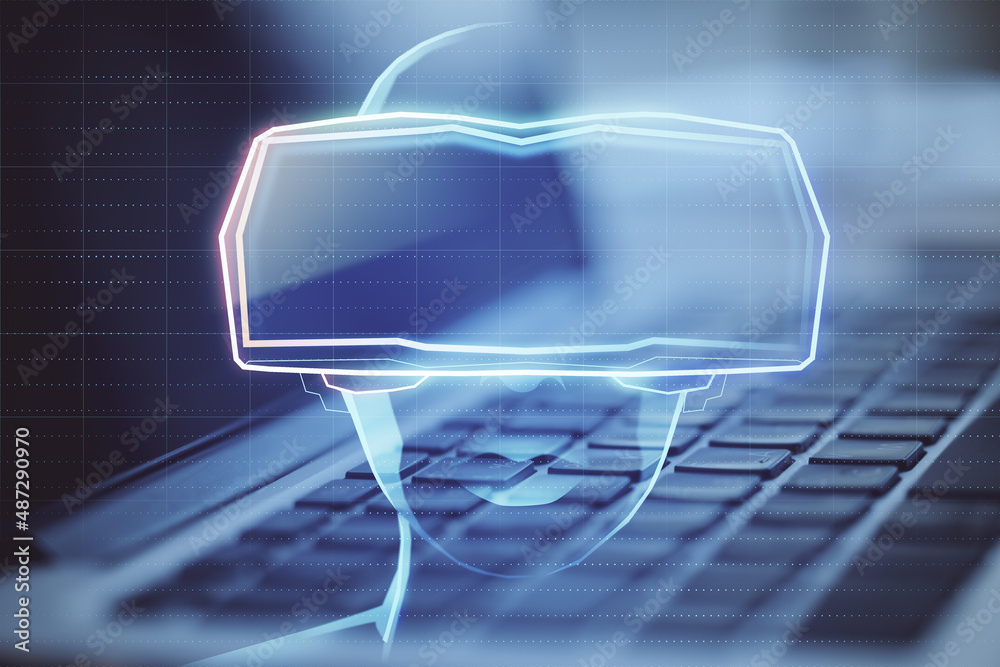 Aufkleber close up of laptop with abstract hologram of digital head with vr glasses on blurry background. virt