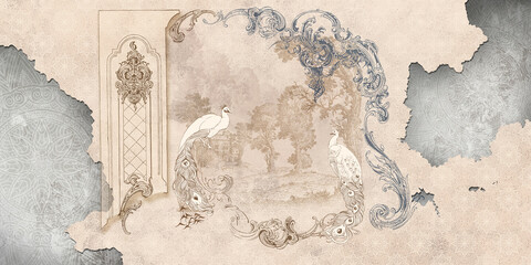 Fototapety  Wall mural, wallpaper, in the style of classic, baroque, modern, rococo. Wall mural with peacocks and patterned background. Light, delicate photo wallpaper design.