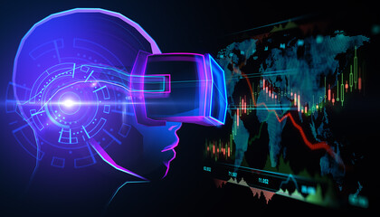 Abstract hologram of digital head with VR glasses and glowing forex chart and map hologram on dark background. Economy, metaverse and stock concept. 3D Rendering.