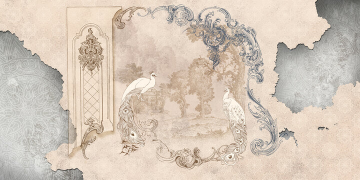 Fototapeta Wall mural, wallpaper, in the style of classic, baroque, modern, rococo. Wall mural with peacocks and patterned background. Light, delicate photo wallpaper design.