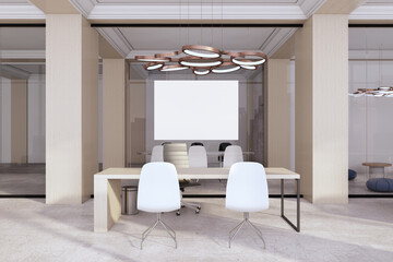 Modern classical concrete and wooden office room interior with empty white mock up poster on glass wall, furniture and equipment. 3D Rendering.