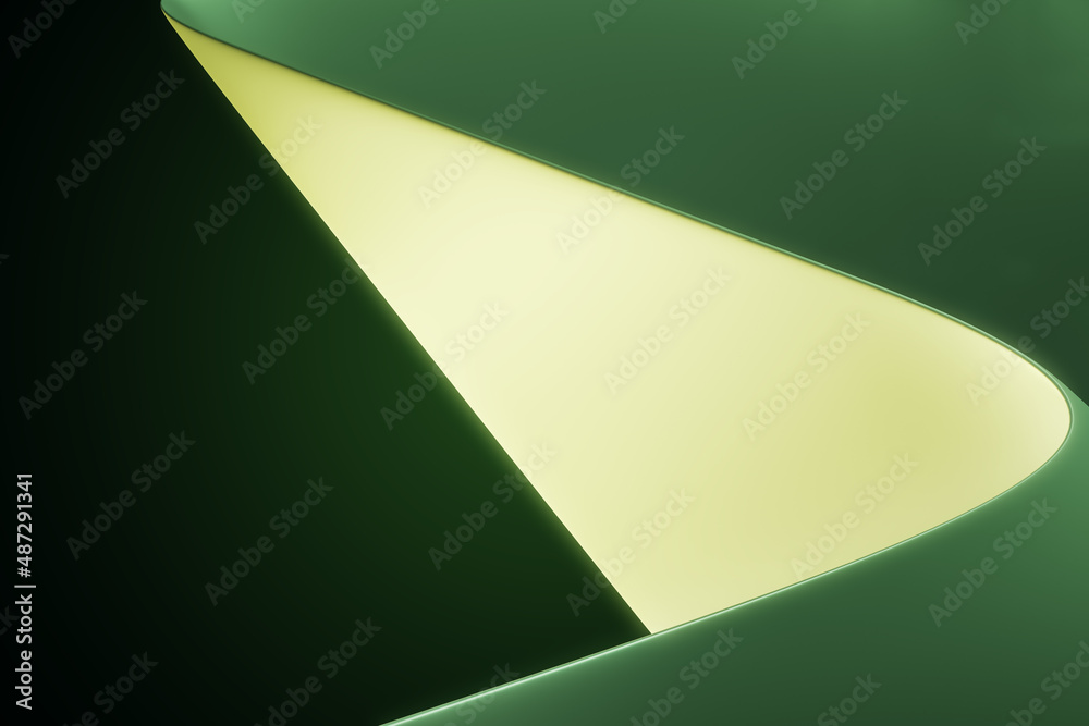 Poster Soft green chiffon backdrop with curves and waves. Design and cloth concept. 3D Rendering.
