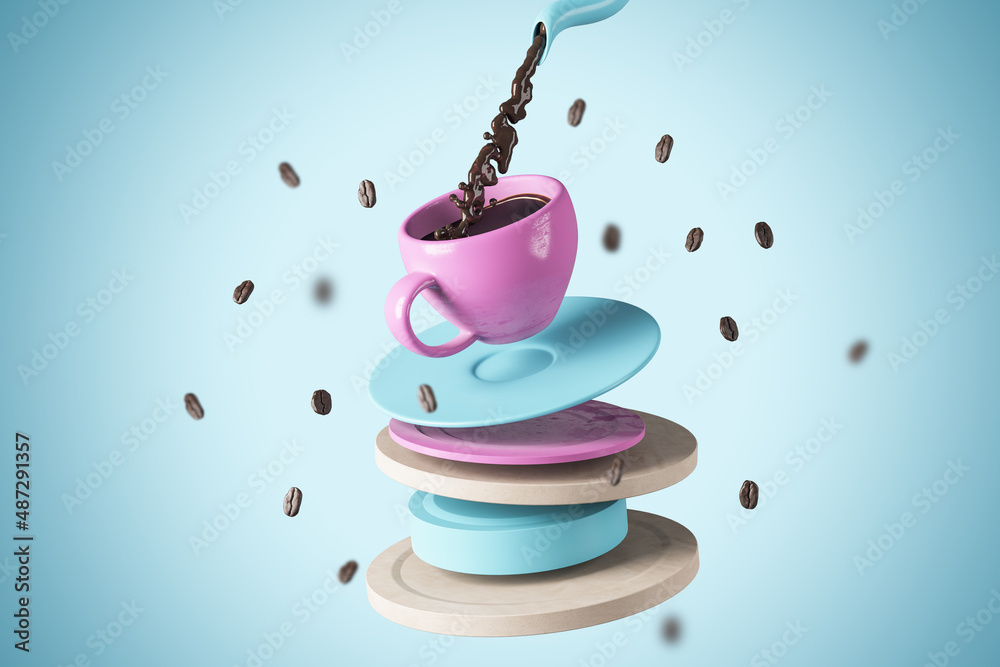 Poster abstract blue background with coffee pouring into pink cup stack. morning and addiction concept. 3d 