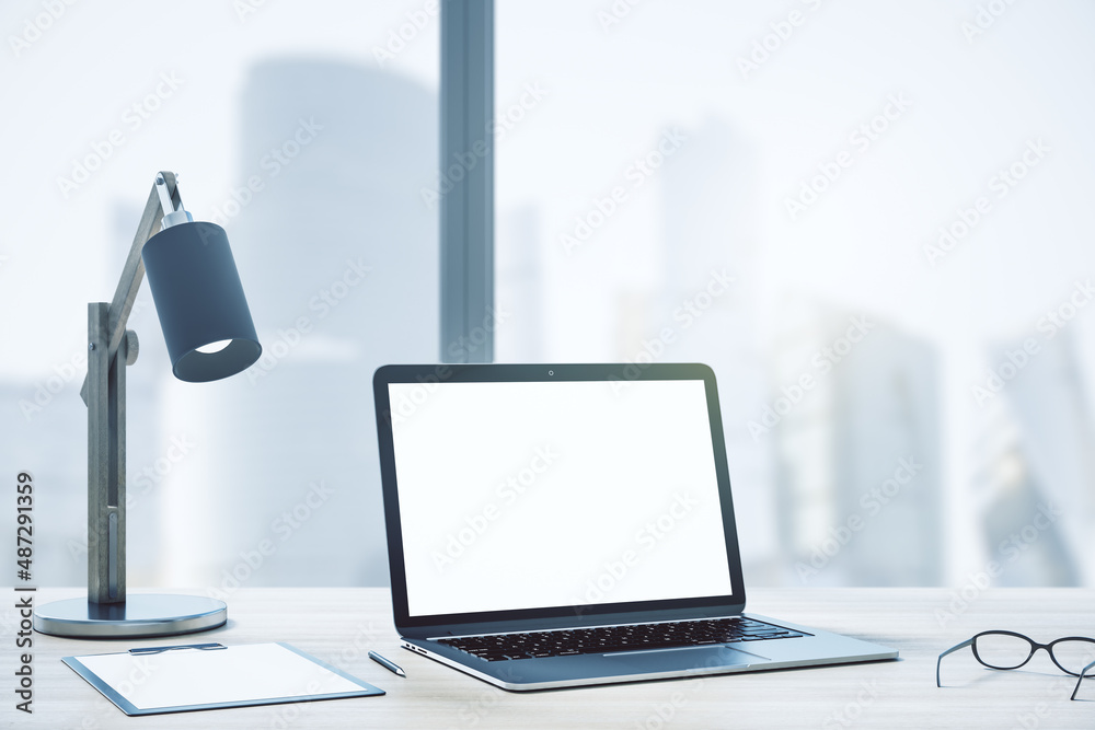 Poster close up of creative designer office workplace with mock up place on white laptop computer screen, t