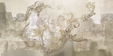 Wall mural, wallpaper, in the style of loft, classic, baroque, modern, rococo. Wall mural with graphic birds and patterns on grey concrete grunge background. Light, delicate photo wallpaper design.
