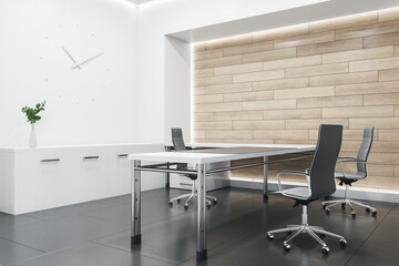 Contemporary wooden and concrete office interior with wall clock and furniture. Design and architecture concept. 3D Rendering.