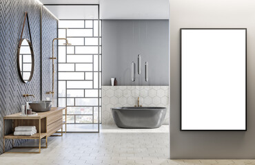 Modern stylish bathroom interior with white mock up banner on concrete wall and window with city view, daylight. Design and hotel style concept. 3D Rendering.