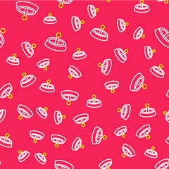 Line Casino roulette wheel icon isolated seamless pattern on red background. Vector