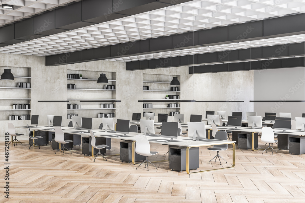 Poster gray concrete and wooden coworking office interior with multiple workplaces and bookcase shelves wit