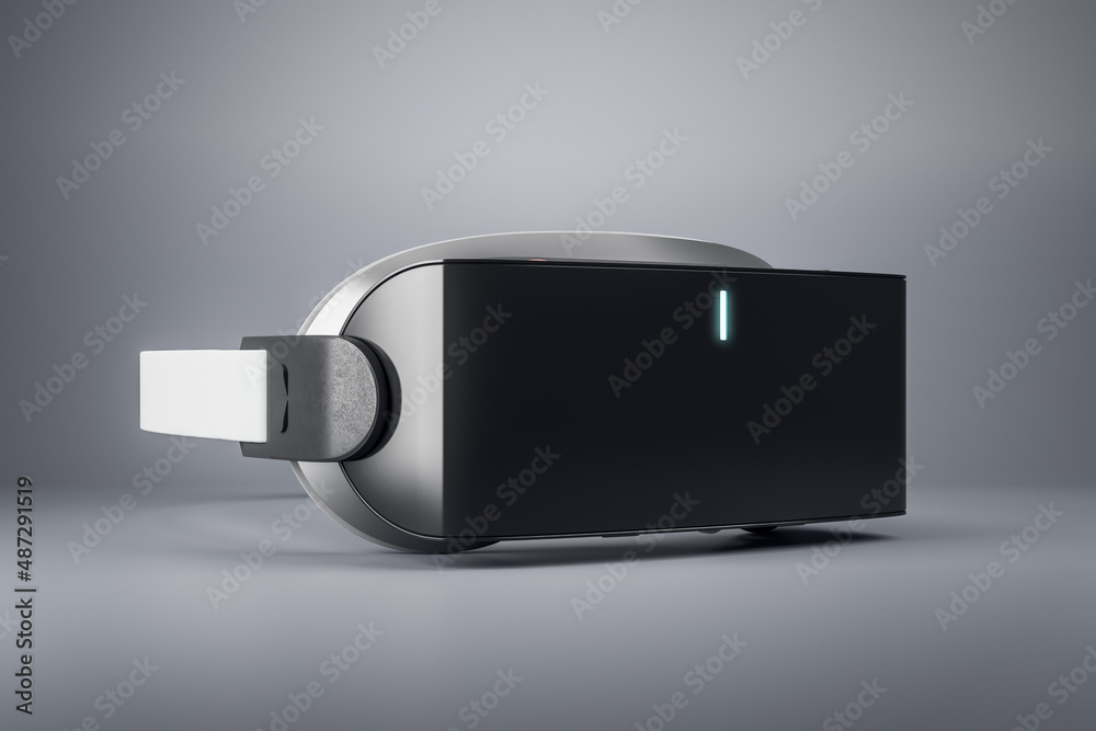 Fototapete Close up of abstract virtual reality glasses on abstract blurry background with blank mock up place for your advertisement. Headset and gadget concept. 3D Rendering.