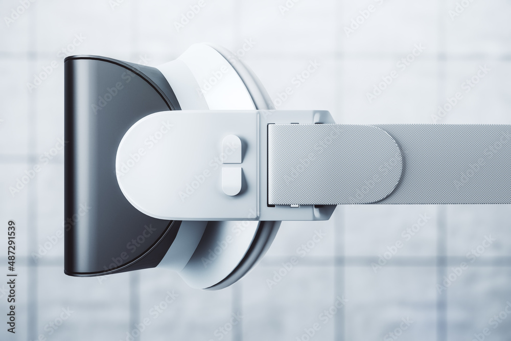 Poster Close up of virtual reality glasses on abstract blurry background. Headset and gadget concept. 3D Rendering.