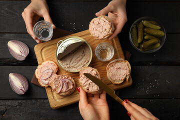 Concept of tasty food with pate sandwiches, top view