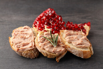 Concept of tasty food with pate sandwiches, close up