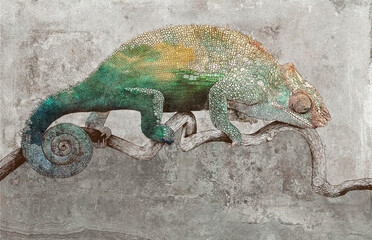 Drawn chameleon on concrete grunge wall. Great choise for wall, wallpaper, photo wallpaper, fresco, mural, card, postcard, home decor. Design for modern and loft interiors.