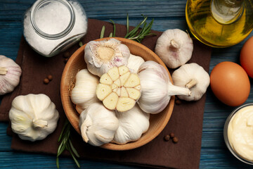 Concept of cooking garlic sauce, top view