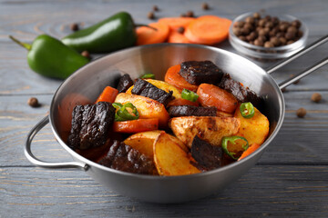 Concept of tasty food with beef with vegetables, close up