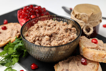 Concept of tasty food with pate sandwiches, close up