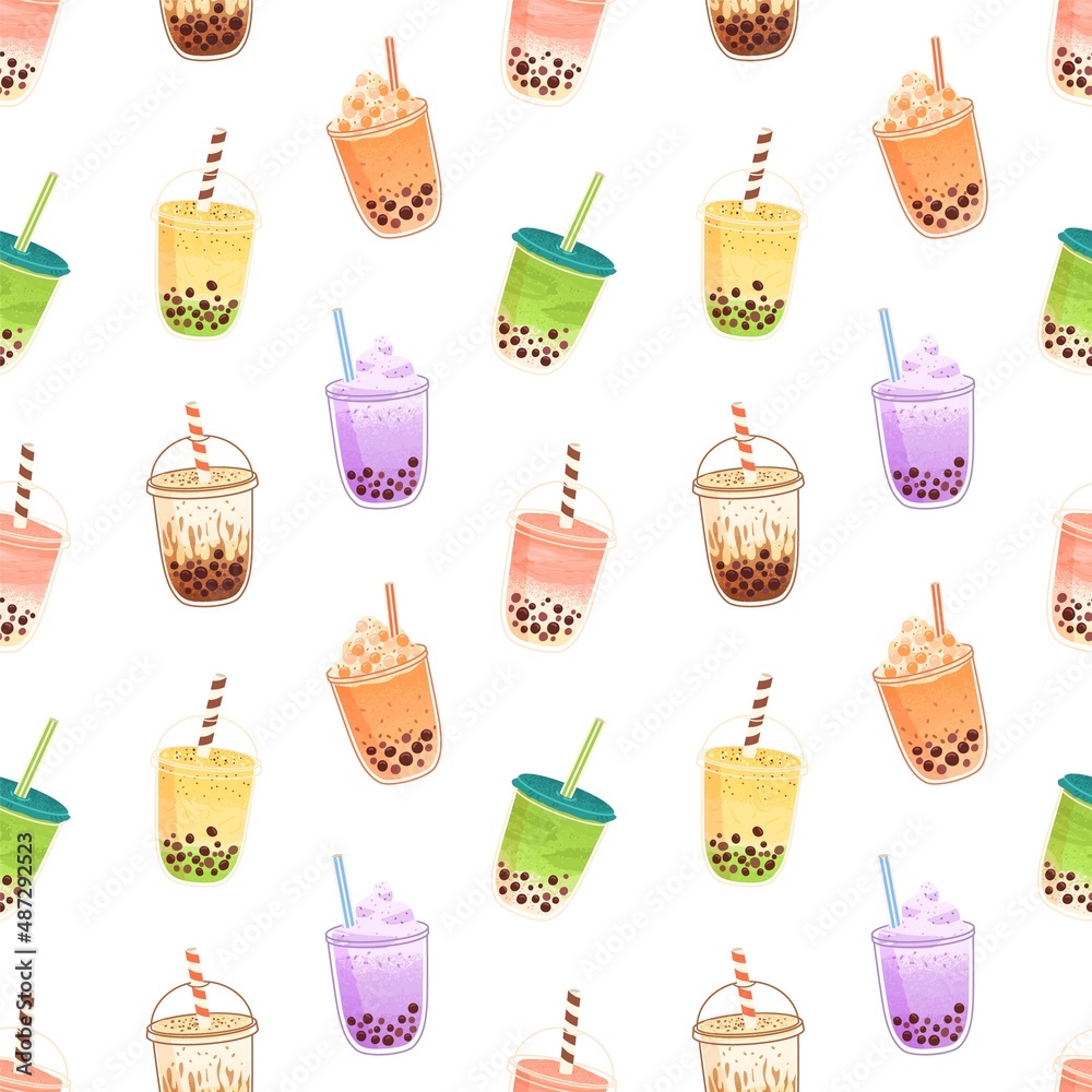 Poster boba pattern. seamless background with bubble milk tea. repeating print of tapioca pearl drink in cu