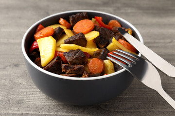 Concept of tasty food with beef with vegetables, close up