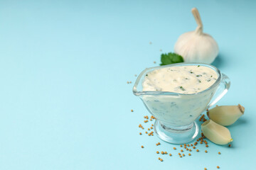 Concept of cooking garlic sauce, space for text