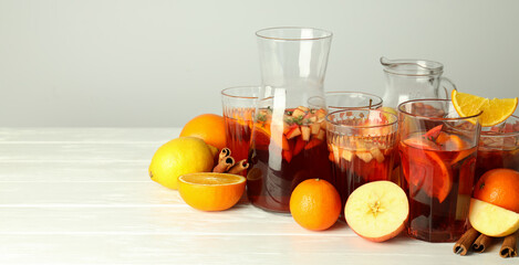 Concept of alcohol drink with Sangria, space for text