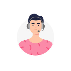 An avatar of man from a call center. Live chat operators, hotline operator, assistant with headphones. Online technical support 24 7. Vector flat illustration.