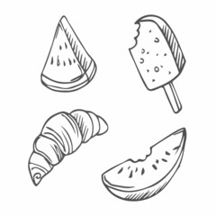 Street food set vector illustration, hand drawing doodle. Croissant, ice cream and watermelon slice