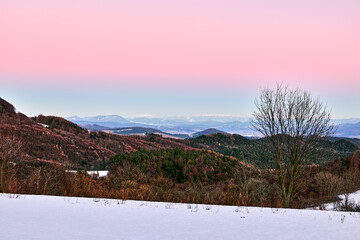 Winter mountain landscape at dusk. View of the valley with mixed forest and hills . Beautiful pink clear sky. Natural background, wallpaper. Protected area Vrsatec, Slovakia.