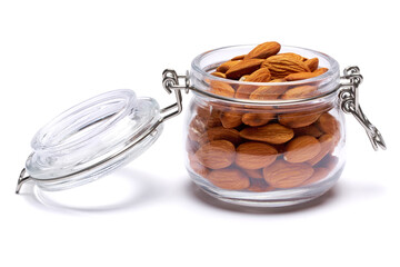 Almond nuts in a glass bowl isolated on a white background