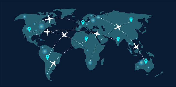 Top view world map with aircraft, air pathes and pins. Wide flat vector illustration for info graphic, web, banner. Global logistics network. World map with destination marker pins and plane travel