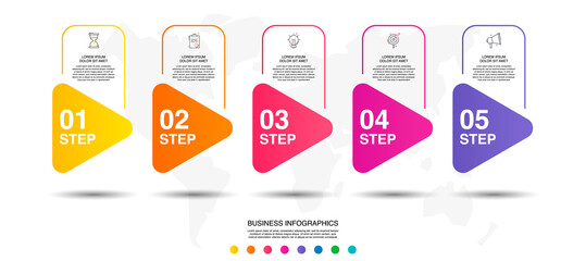 Vector infographics with 5 triangles. Business concept graphic process template with five steps and icons. Graphic timeline for a project on white background - obrazy, fototapety, plakaty