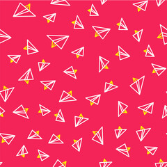 Line Paper airplane icon isolated seamless pattern on red background. Vector