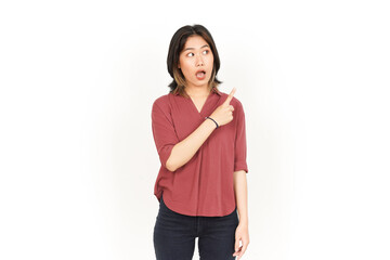 Showing Product and Pointing Side Of Beautiful Asian Woman Isolated On White Background