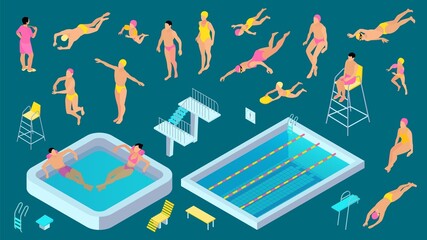 Isometric Swimming Pool Color Icon Set