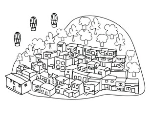 vector village in mountain illustration sketch doodle hand drawn with black lines isolated on white background for coloring page.